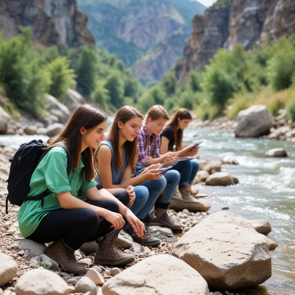teenagers engaged in geology in the mountains by the river, where the beautiful nature, very beautiful, in the presence of a young woman leader. teenagers are very interested in what they do, it makes them better and happier. no gadgets, no phones, no internet