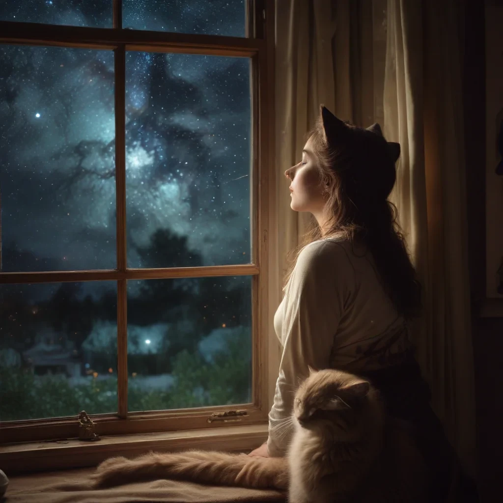 The night sky is visible outside the window, where the Orion constellation glows softly. The woman feels a deep connection to the stars, as if the cat is a messenger of ancient wisdom, bringing love and guidance to her life.