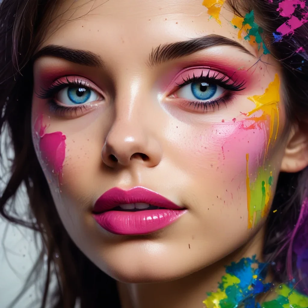 create a painting featuring a face with abstract and expressionist influences. use a palette of bright, vivid colors including pink, purple, green, and yellow, incorporating dynamic splatter effects and overlapping brush strokes. the subject should possess striking features like bright blue eyes and full red lips, presenting an ethereal and slightly surreal appearance. the background should seamlessly blend warm and cool tones, contributing to a lively and textured backdrop.