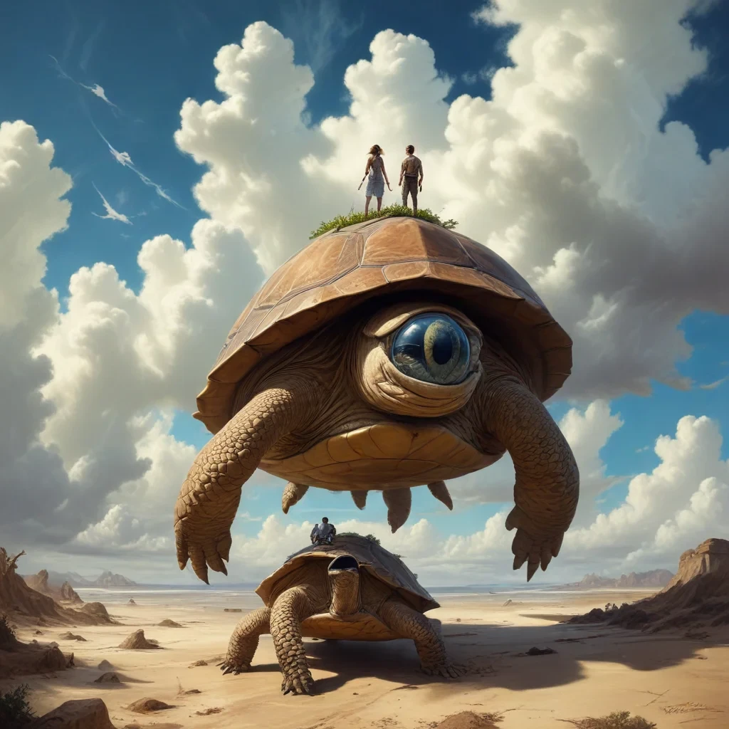 Surreal fantasy illustration, weird, strange, surreal style, by greg rutkowski, A couple on a huge turtle, giant eye clouds