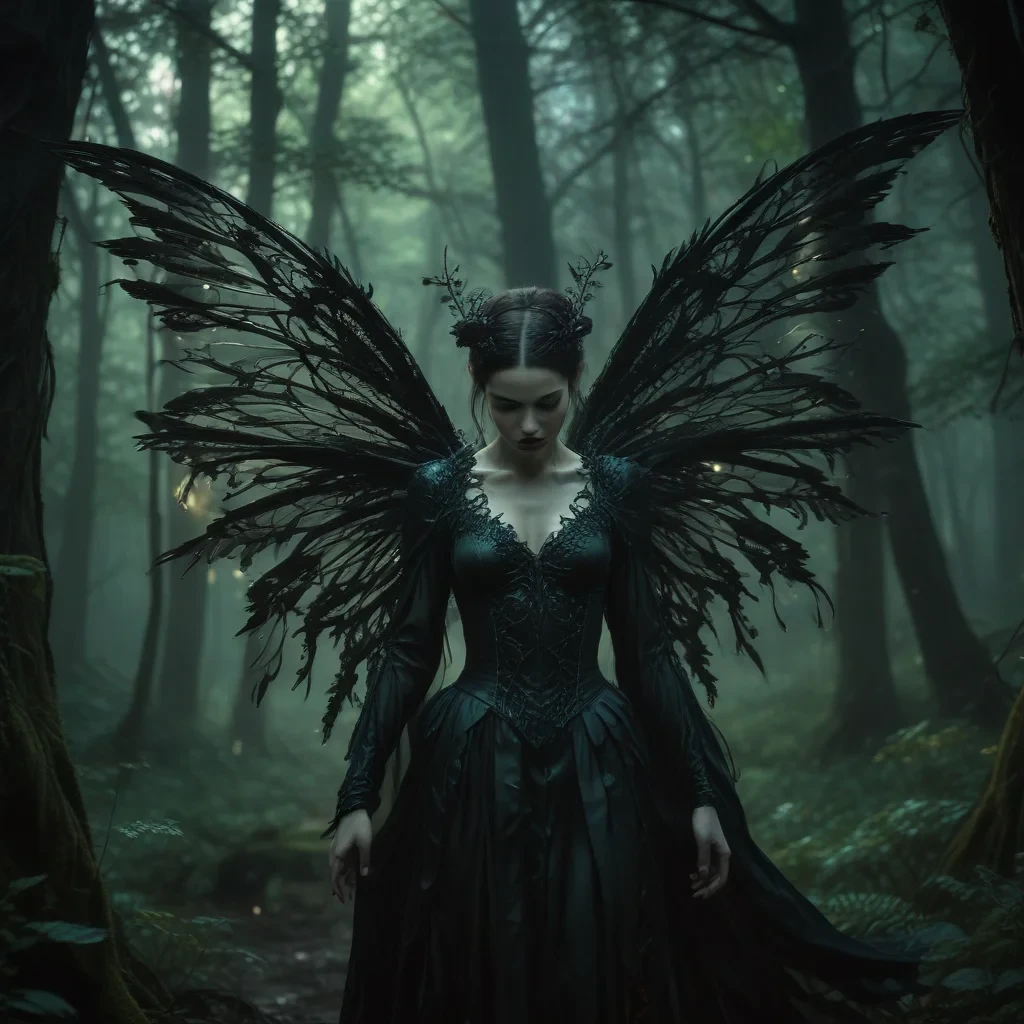 envision an evil fairy set against the backdrop of the deep, ominous black forest. this mystical creature, depicted in a mystical and dark style, contrasts sharply with the foreboding, dense woodland around her. the composition, focusing on the fairy amidst twisted trees under a shadowy canopy, is accentuated by dim, mysterious lighting, enhancing the eerie atmosphere. the color palette features deep greens and dark browns, punctuated by the fairy's faintly luminescent wings. the overall mood is sinister and captivating, drawing viewers into a storybook scene of dark fantasy.