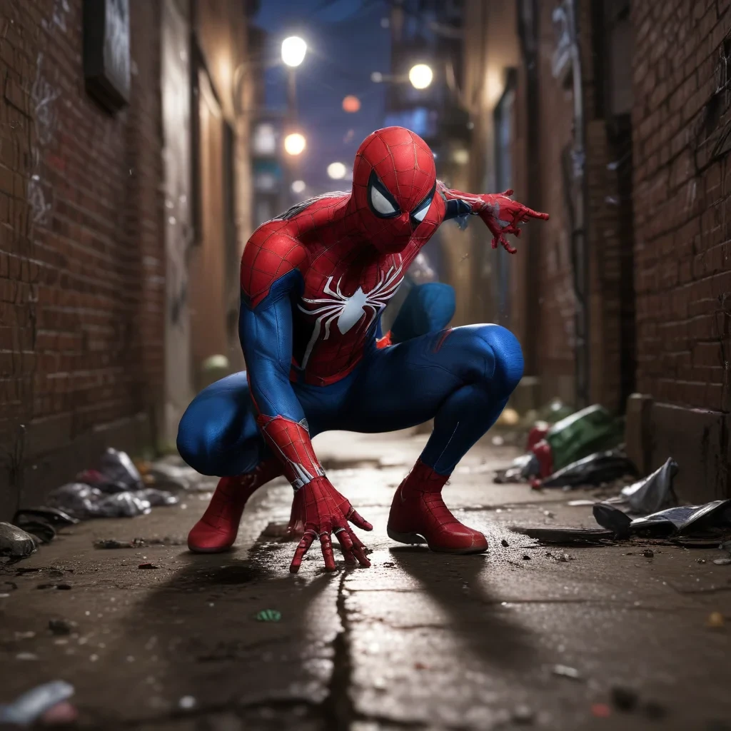 Spider-Man faces off against multiple foes in a dimly lit alley. His red and blue suit glimmers under the streetlamp's glow. The alley is cluttered with debris and graffiti, adding to the tension of the scene. Spider-Man is caught in action, launching a web to ensnare one of his enemies.