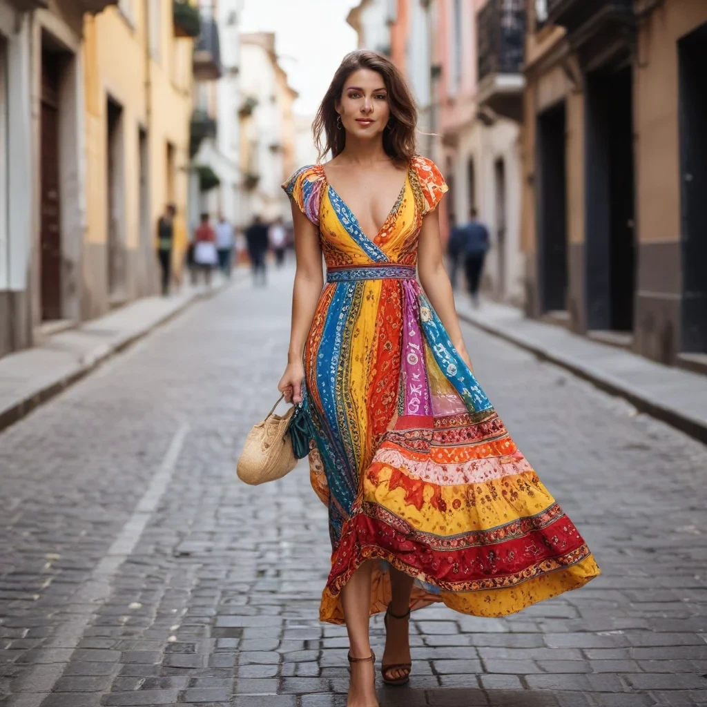 A woman with a colorful dress in the streets