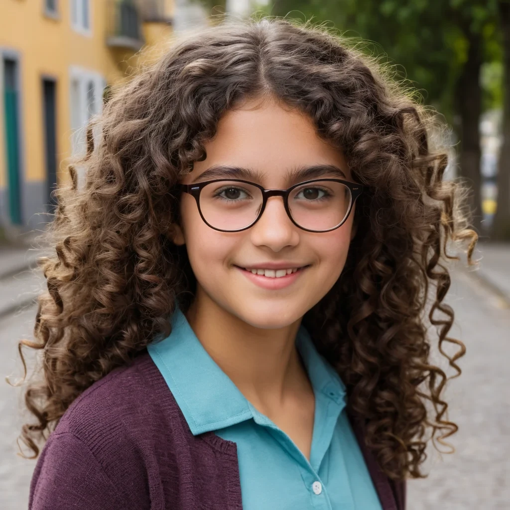 Sofia is an 18-year-old Latin American with soft, curly dark brown hair, intelligent eyes framed by glasses, and a warm smile. She is kind-hearted, resourceful, and quick-witted, with a mature outlook and a strong sense of responsibility despite her young age. Her signature look includes her glasses and a thoughtful, slightly playful expression.