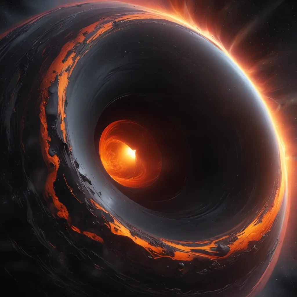 a realistic black hole. it is located close to the screen and does not fit completely. it has a red and orange accretion disc. side view. quasar. lots of highlights and bright details. it's devouring an earth like planet.