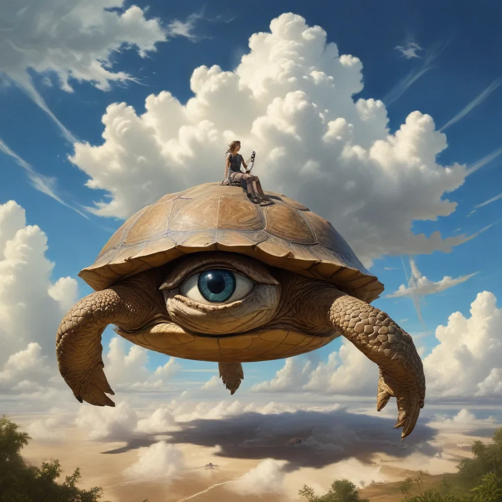 Surreal fantasy illustration, weird, strange, surreal style, by greg rutkowski, A couple on a huge turtle, giant eye clouds