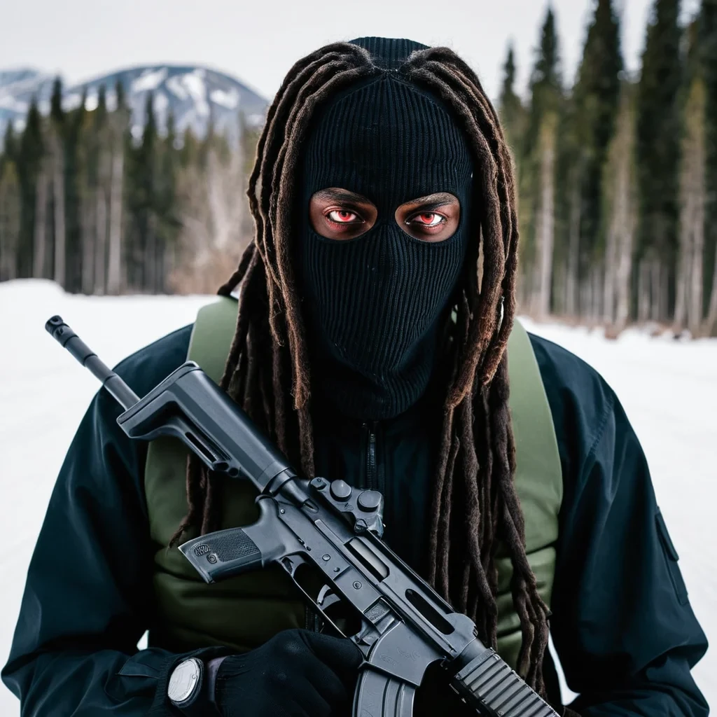 red eyes black guy wearing a ski mask with a gun and with dreads