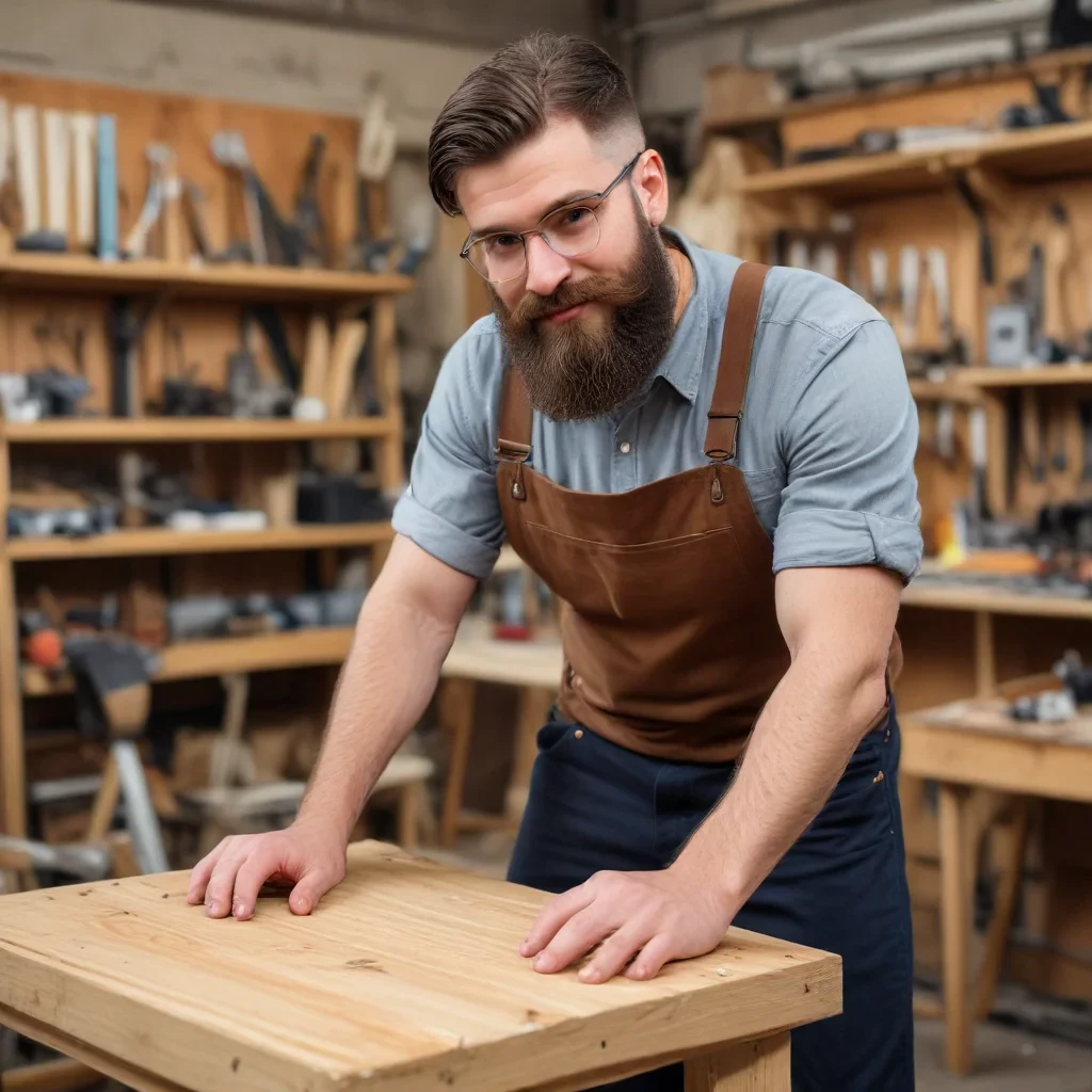hipster man with a beard, building a chair, in a wood shop