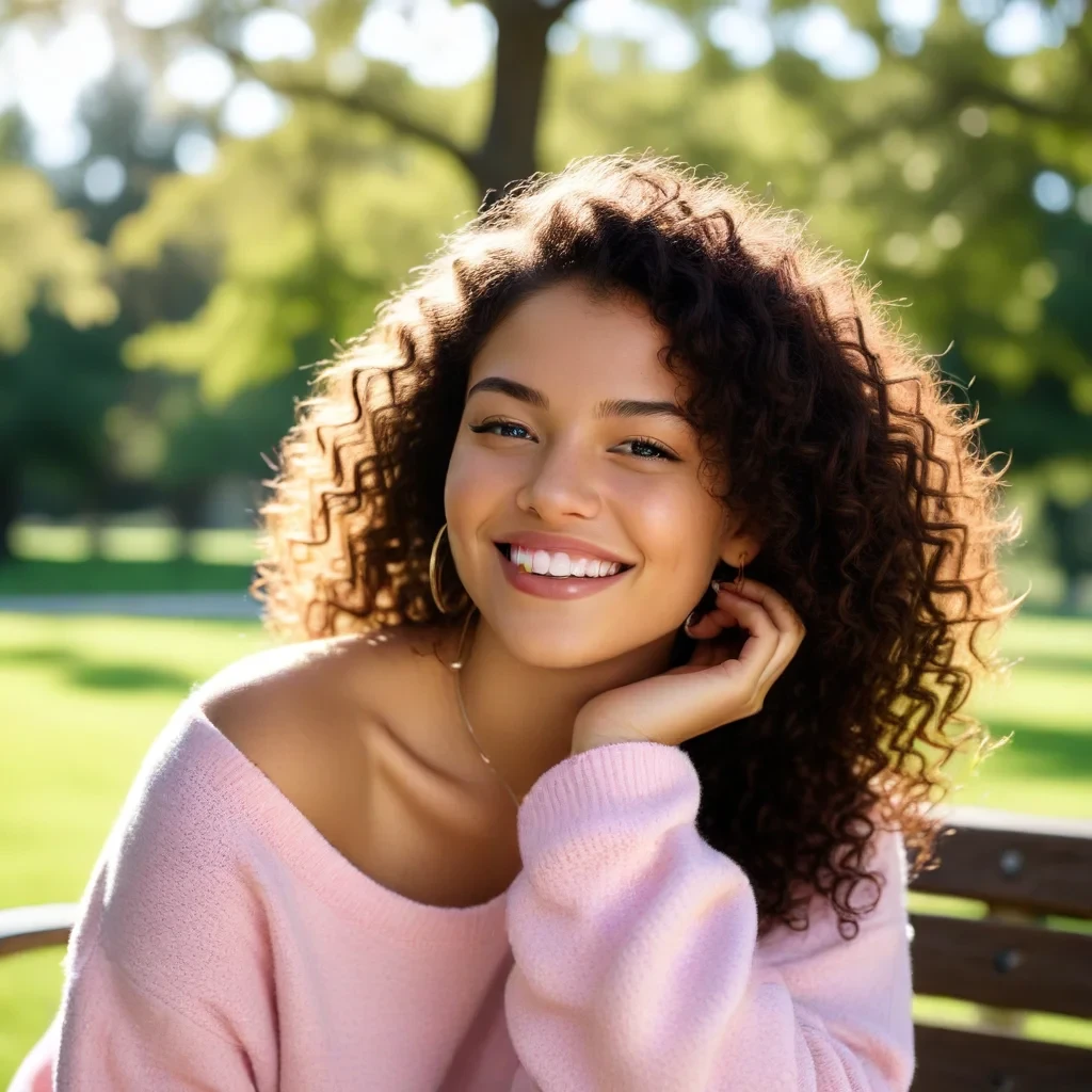 A young woman with curly, voluminous dark brown hair, highlighted with subtle copper tones at the tips, is sitting outdoors on a bench. She is smiling brightly, revealing her white teeth and a warm expression. Her skin is smooth with a natural glow, and she wears large gold hoop earrings that complement her casual look. She is dressed in a loose-fitting, vibrant pink sweater, which hangs slightly off her shoulder, exposing part of her collarbone. The background is blurred but shows a park setting with green grass, trees, and dappled sunlight filtering through the branches. The overall mood of the image is light and cheerful, with a relaxed and carefree atmosphere. The focus is sharp on the woman's face, emphasizing her joyful expression and the soft texture of her sweater. The colors are vivid, particularly the pink of her sweater and the green tones of the park.