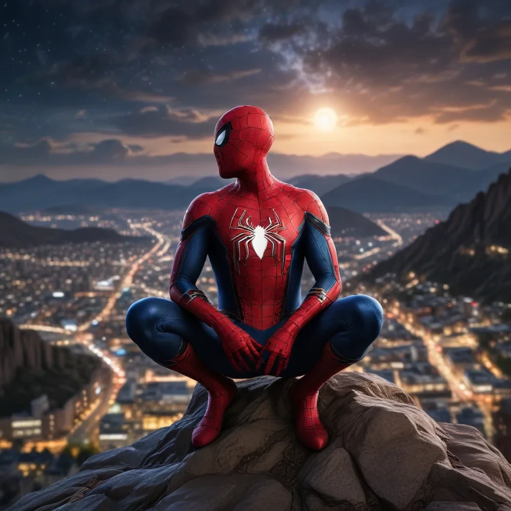 Spider-Man sits atop a mountain peak, gazing up at a star-filled sky. The city silhouette stretches behind him, illuminated by streetlights. With a peaceful expression, he admires the cosmos, his red and blue costume contrasting beautifully against the night sky.