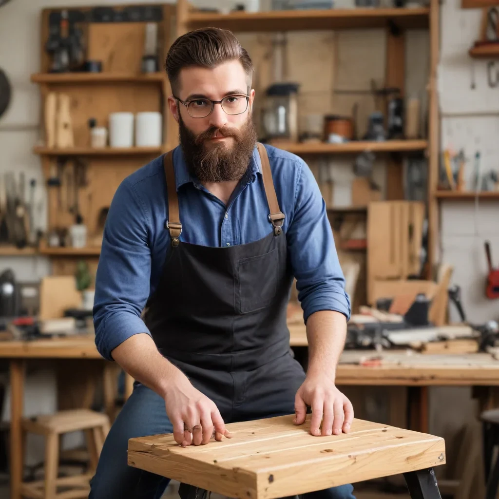 hipster man with a beard, building a chair, in a wood shop