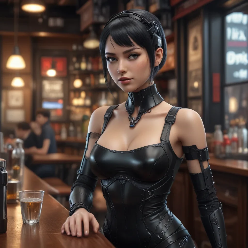 digital art, anime, slutty cybernetic android woman in a bar in a black dress, pixar style hyperrealistic, full body, detailed clothing, highly detailed, cinematic lighting, stunningly beautiful, intricate, sharp focus, f/1. 8, 85mm, (centered image composition), (professionally color graded), ((bright soft diffused light)), volumetric fog, trending on instagram, trending on tumblr, HDR 4K, 8K