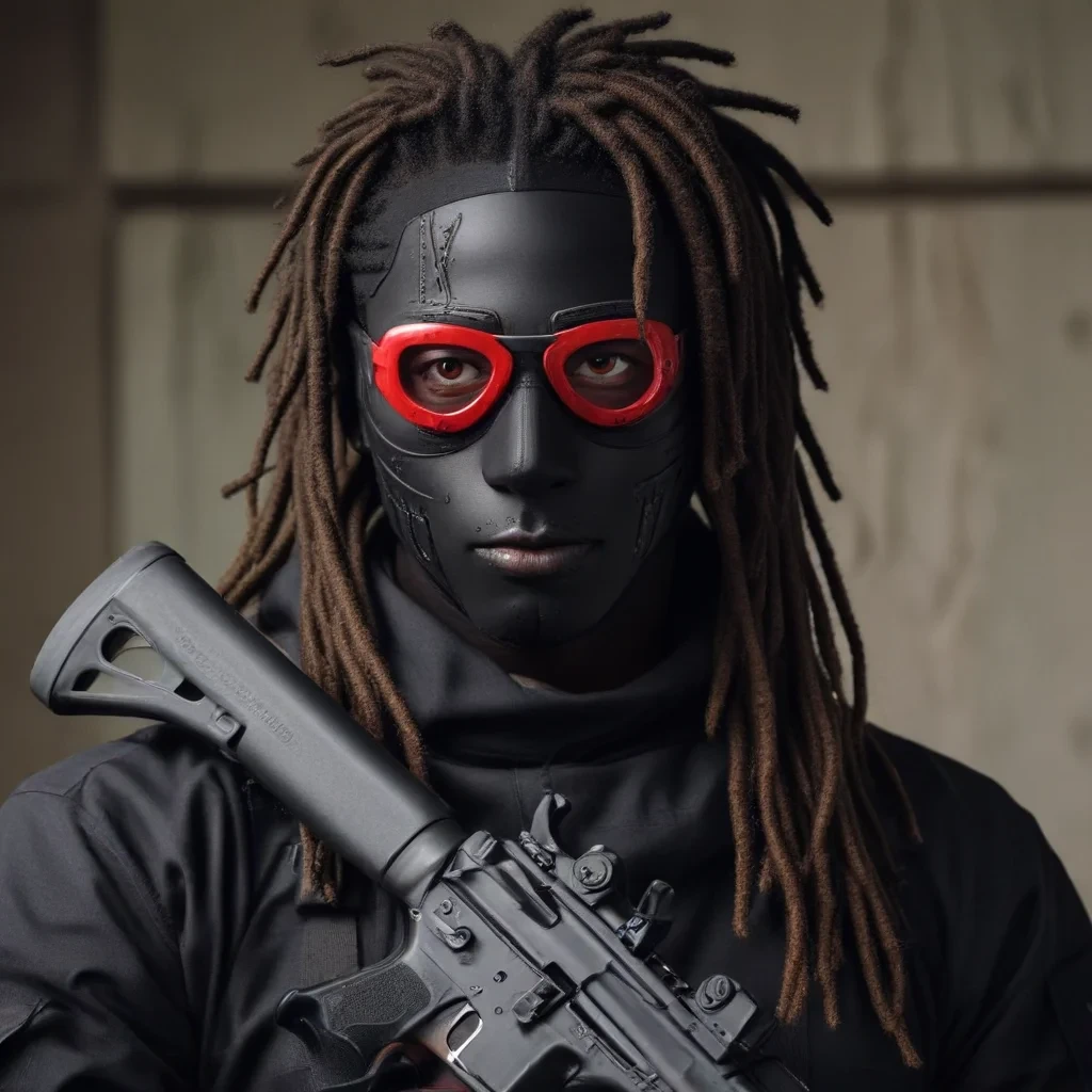 red eyes black guy wearing a ski mask with a gun and with dreads