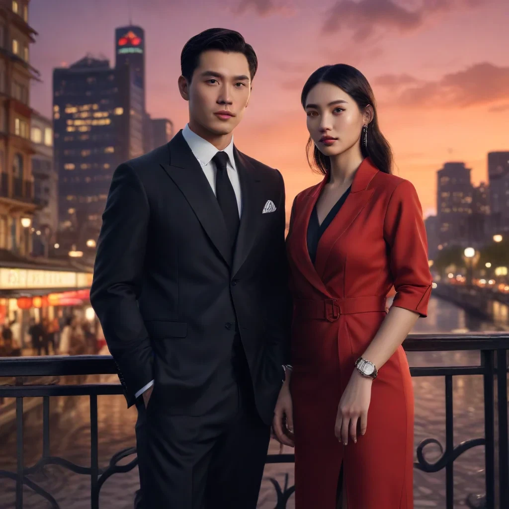 a photorealistic, highly detailed image of a chinese man and woman, both in their late 20s or early 30s, wearing stylish attire, standing side by side against a backdrop of a vibrant cityscape at sunset. the man is wearing a dark suit and a trifoglio italia watch on his wrist, while the woman is wearing a chic dress and a trifoglio italia watch on her wrist. the image should convey a sense of sophistication, elegance, and modern style, with a focus on the watches as key accessories. the lighting should be cinematic and warm, highlighting the details of the watches and the couple's attire. the mood should be celebratory and engaging, capturing the essence of the brand's values. the image should be appropriate for an instagram story, with a dynamic composition that captures the attention of the viewer hyperrealistic, full body, detailed clothing, highly detailed, cinematic lighting, stunningly beautiful, intricate, sharp focus, f/1. 8, 85mm, (centered image composition), (professionally color graded), ((bright soft diffused light)), volumetric fog, trending on instagram, trending on tumblr, HDR 4K, 8K