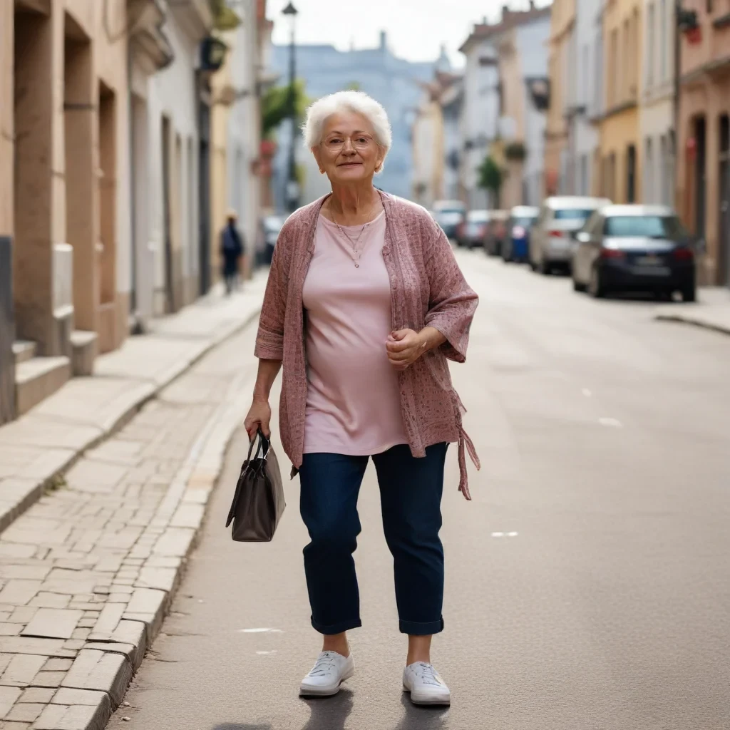 A woman 65 years old walks in the street