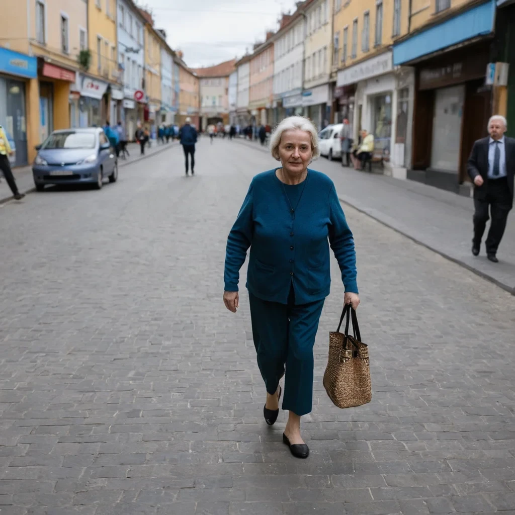 A woman 65 years old walks in the street