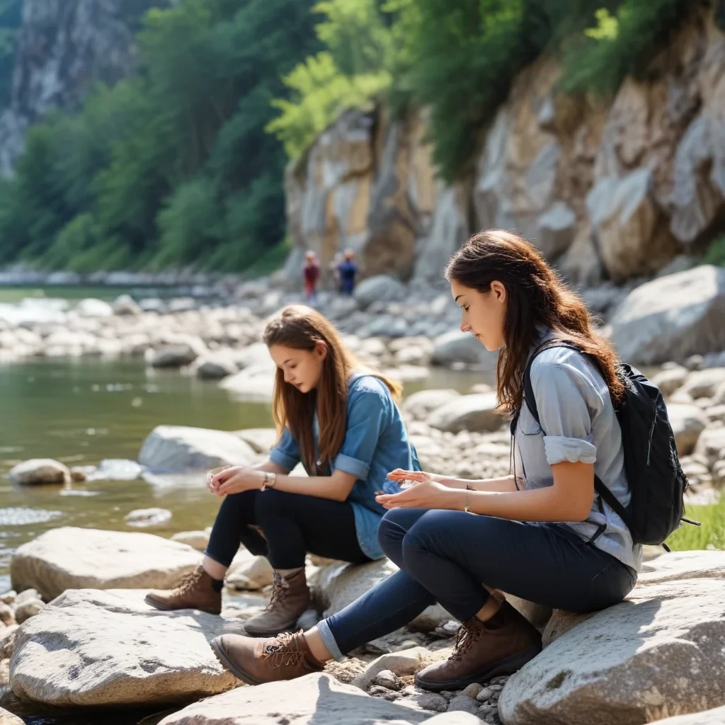 teenagers engaged in geology in the mountains by the river, where the beautiful nature, very beautiful, in the presence of a young woman leader. teenagers are very interested in what they do, it makes them better and happier. no gadgets, no phones, no internet