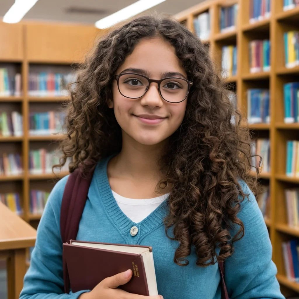 Sofia is an 18-year-old Latin American with soft, curly dark brown hair, intelligent eyes framed by glasses, and a warm smile. As a student, Sofia opts for casual attire like a cozy sweater and jeans. With her small messenger bag over her shoulder, she spends time in the library immersed in medical textbooks, her glasses occasionally sliding down her nose.