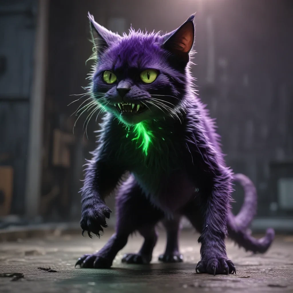 a purple punk, green glowing half-cat half-monster dancing, bloody, horror, extremely detailed, 4k ultra hd realistic photo