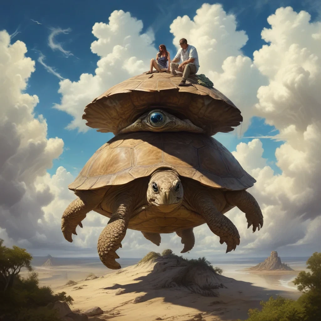 Surreal fantasy illustration, weird, strange, surreal style, by greg rutkowski, A couple on a huge turtle, giant eye clouds