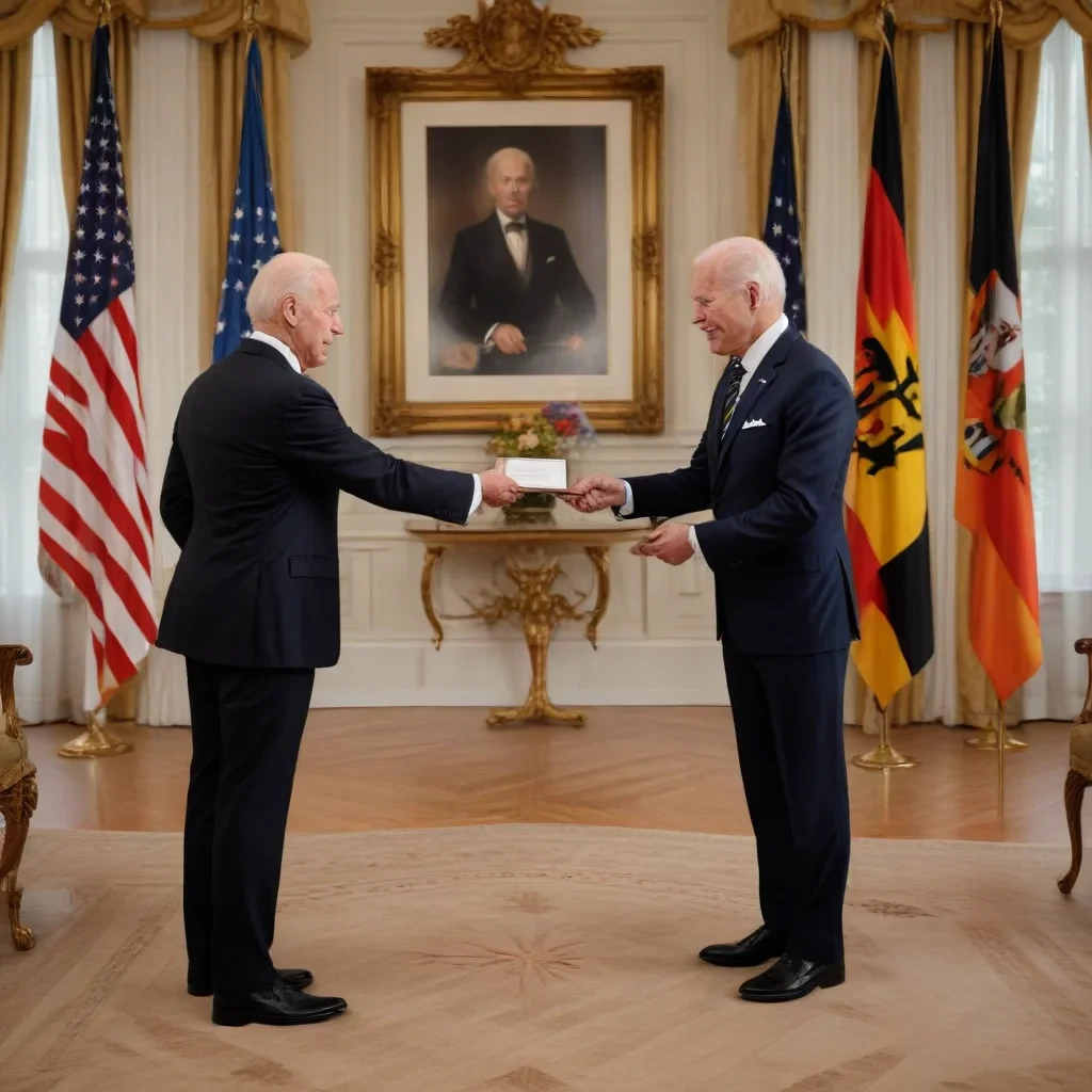 create an ultra realistic image capturing the moment us president biden receives the prestigious order of merit of the federal republic of germany, showcasing the deep bond between the usa and germany. the scene should feature biden being presented with the award, surrounded by symbols of transatlantic unity, such as flags, historical references, and diplomatic elements. ensure the composition highlights the emotional impact of the honor, emphasizing biden's dedication to international