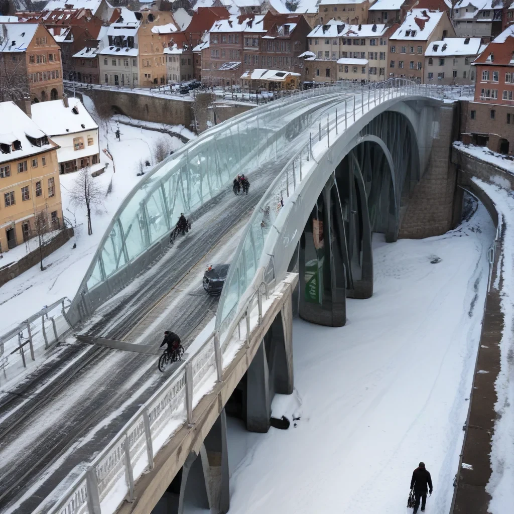 prompt: create an ultra realistic image of the newly inaugurated heated bike bridge in tübingen, showcasing its innovative technology and sustainability features. the scene should capture the bridge's intricate design, with a focus on the advanced heating system that keeps it ice free during winter. include details like the mayor, boris palmer, inspecting the bridge, emphasizing his vision for a bike friendly city. ensure the environment reflects eco friendliness, with reduced use of de icing s