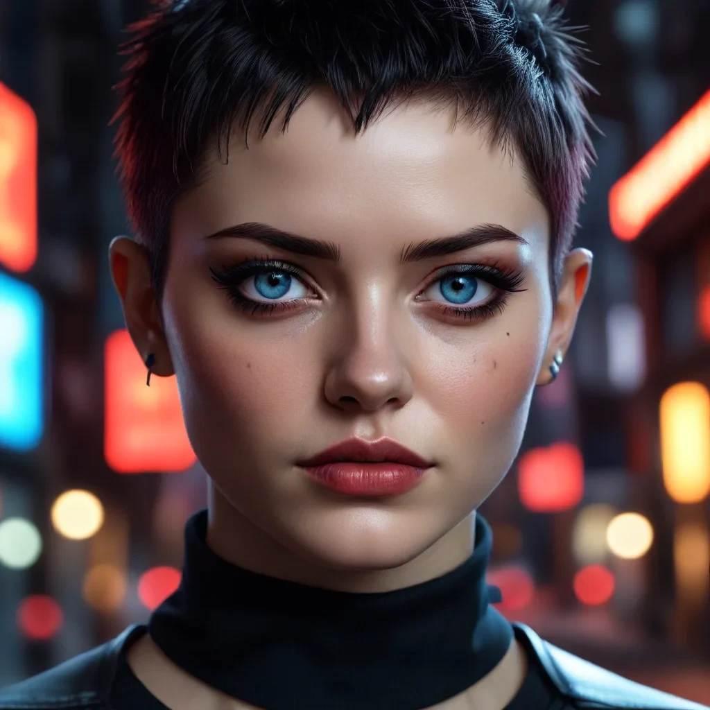 ultra realistic close up portrait ((beautiful pale cyberpunk female with heavy black eyeliner)), blue eyes, shaved side haircut, hyper detail, cinematic lighting, magic neon, dark red city, canon eos r3, nikon, f/1.4, iso 200, 1/160s, 8k, raw, unedited, symmetrical balance, in frame, 8k