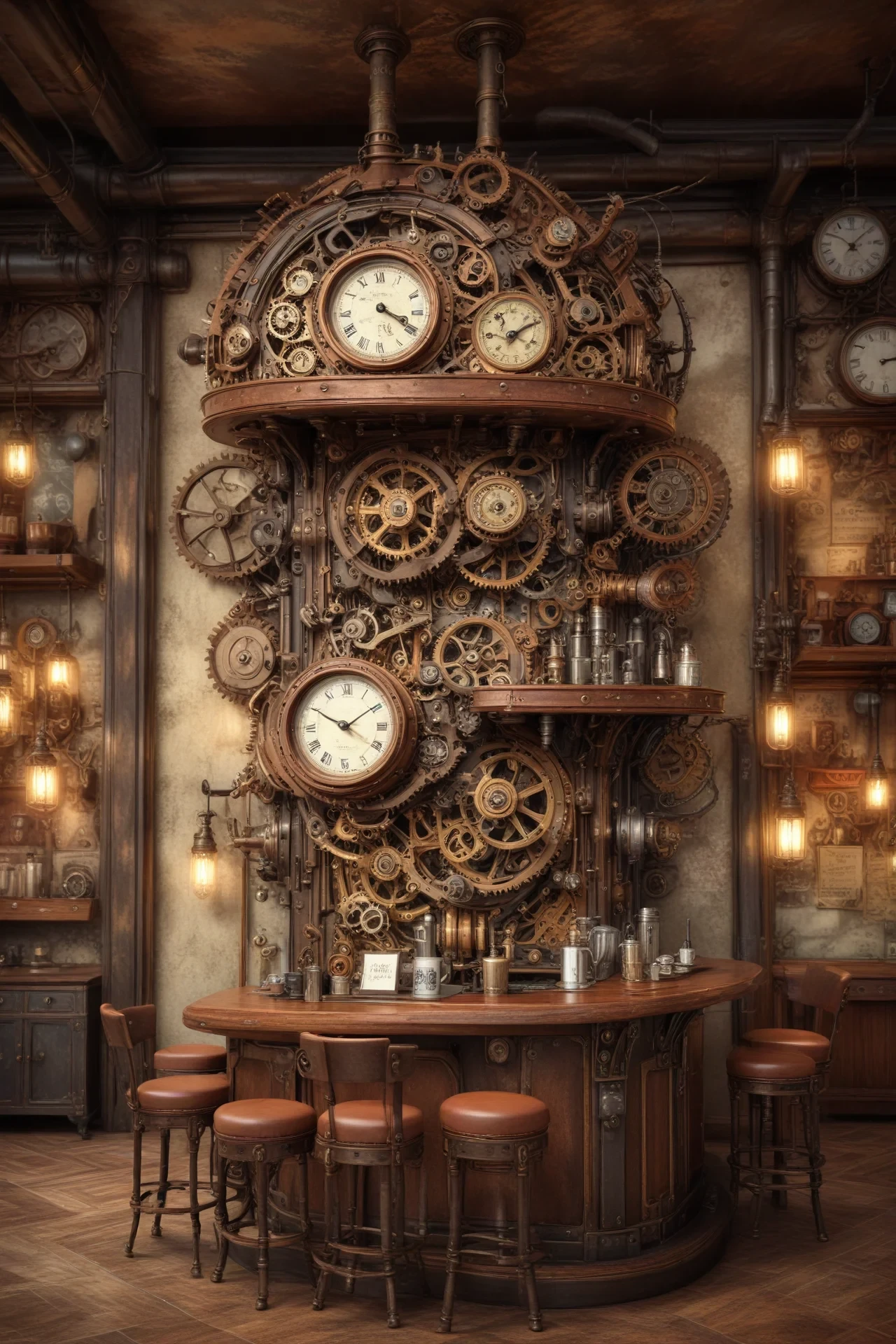 steampunk style style): steampunk (masterpiece: 1.8, digital art: 1.2). cafe interior (interior design) in the style ("steampunk"): tables and chairs, bar counter with a coffee machine, (name of the cafe on the wall: 1.5), ((fragrant, steaming coffee in cups: 1.2) on the tables attributes style: an atmosphere where technology has stepped far forward, intricate details of miracle technology, soft colors. high quality. . antique, mechanical, brass and copper tones, gears, intricate, detailed