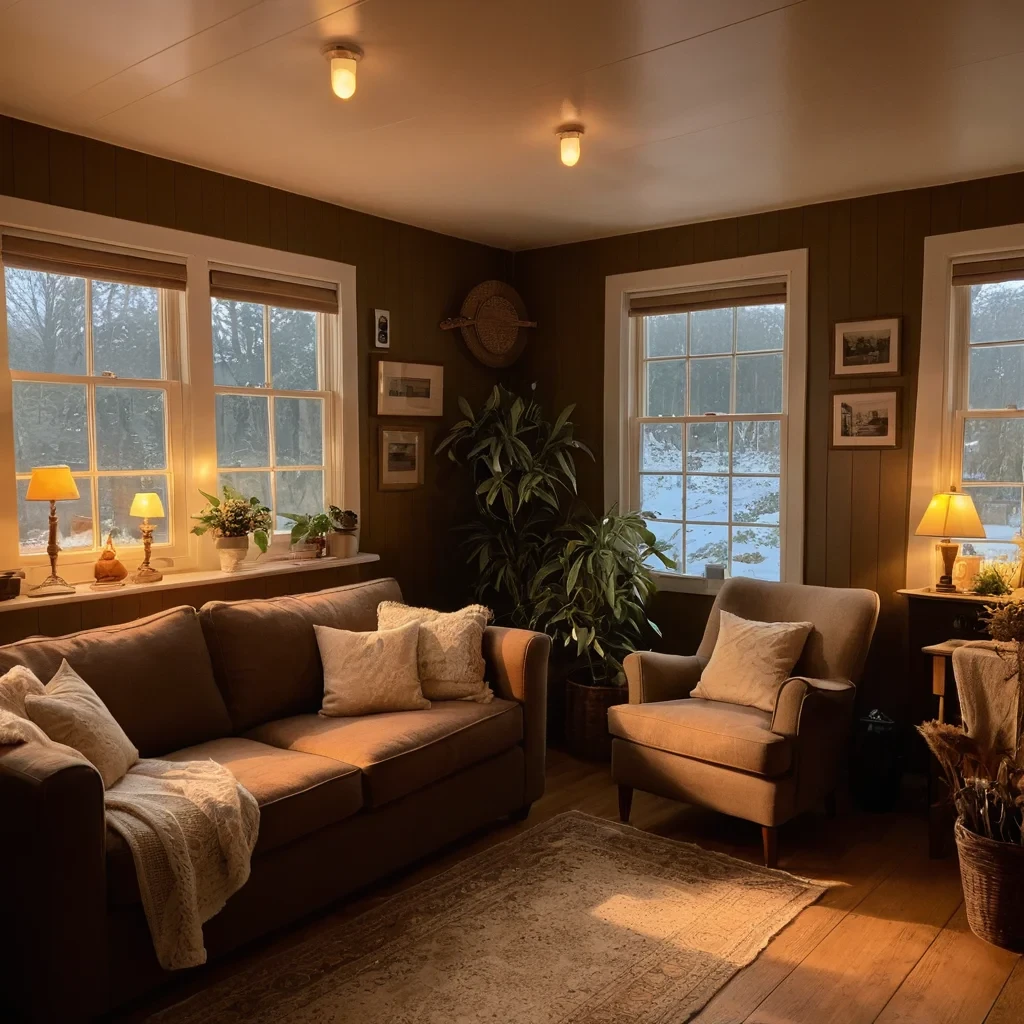 The setting is a cozy, warm-lit room, looking pleased