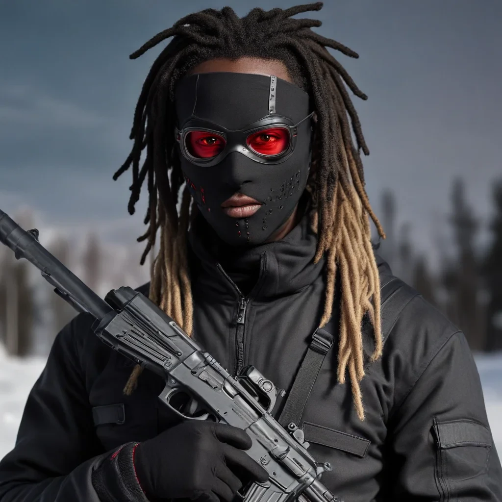 red eyes black guy wearing a ski mask with a gun and with dreads