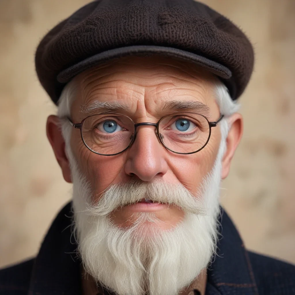 An elderly man with a weathered face, wearing round black-rimmed glasses and a knitted brown hat. He has a full white beard and mustache, and his expressive blue eyes look directly at the viewer, conveying wisdom and a sense of deep thought. His gray eyebrows are thick, and his skin shows the marks of age. The man is dressed in a simple brown jacket with a shirt underneath, and the background is slightly blurred with warm tones, suggesting an indoor setting, possibly a workshop or study. The lighting is soft, emphasizing the details of his facial features, adding a natural, intimate feel to the portrait.