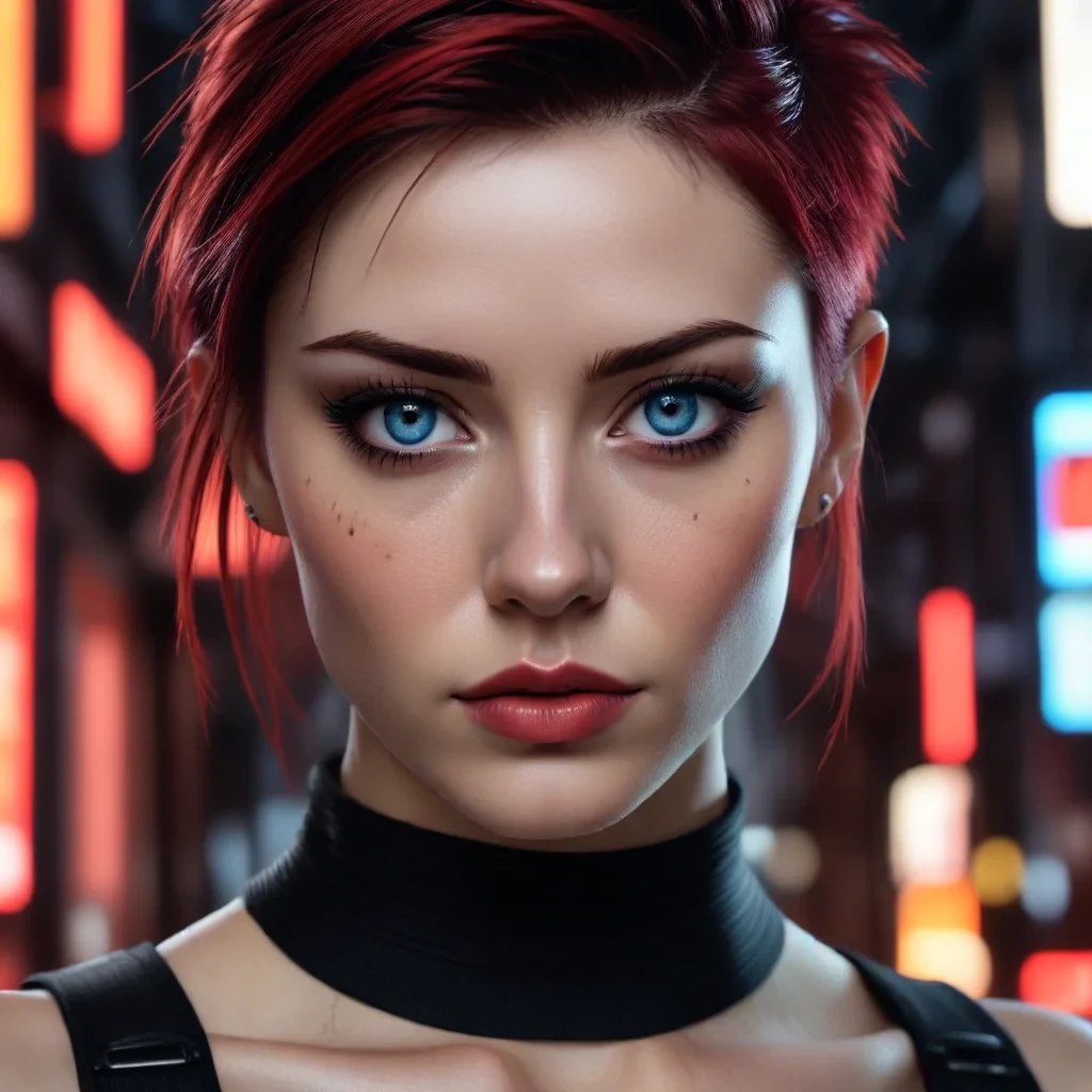 ultra realistic close up portrait ((beautiful pale cyberpunk female with heavy black eyeliner)), blue eyes, shaved side haircut, hyper detail, cinematic lighting, magic neon, dark red city, canon eos r3, nikon, f/1.4, iso 200, 1/160s, 8k, raw, unedited, symmetrical balance, in frame, 8k