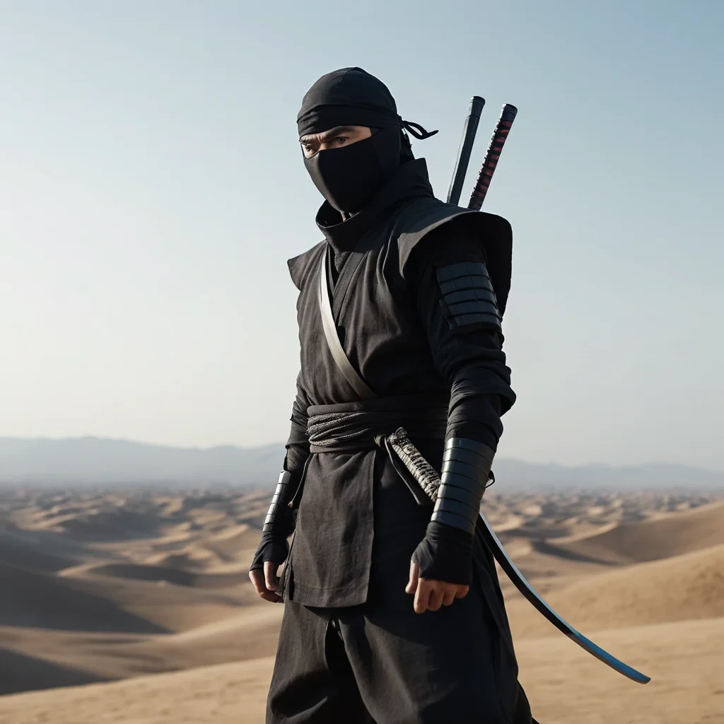 Real-life footage, cinematically shot. A lone ninja stands tall and unwavering, centered in the frame, exuding a dominant and confident presence. The ninja’s intense gaze locks onto the distant horizon, their posture strong and grounded, evoking calm determination and silent power. The camera begins with a close-up, capturing the intricate details of the ninja’s attire and the sharp focus of their eyes. It slowly zooms out, revealing the vast, empty landscape stretching endlessly around them. Subtle atmospheric elements—like heat shimmering off the ground, soft gusts of wind rustling the fabric of the ninja’s outfit, and distant echoes of nature—add to the cinematic grandeur. The scene conveys a powerful sense of solitude, purpose, and mystery, as the ninja stands resolute against the infinite horizon.