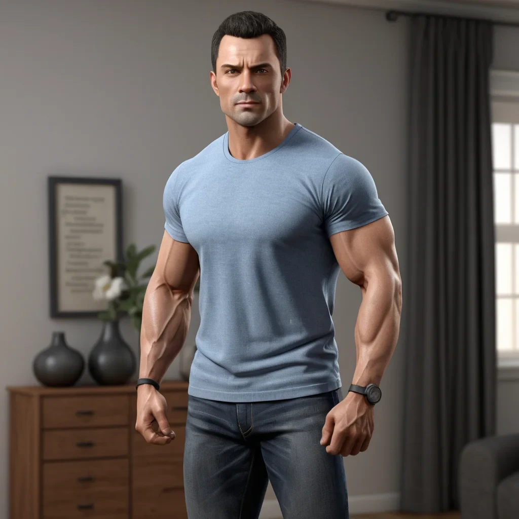 Create a highly detailed, ultra-realistic 3D render of a A  muscular and handsome man in his mid-30s, with short dark hair, chiseled features, and a clean-shaven face. He wears fitted casual clothing— a t-shirt and jeans, highlighting his athletic build is shown  lifting a heavy object with ease, wearing a fitted shirt that accentuates his strong physique. The setting is a cozy, warm-lit room, looking pleased