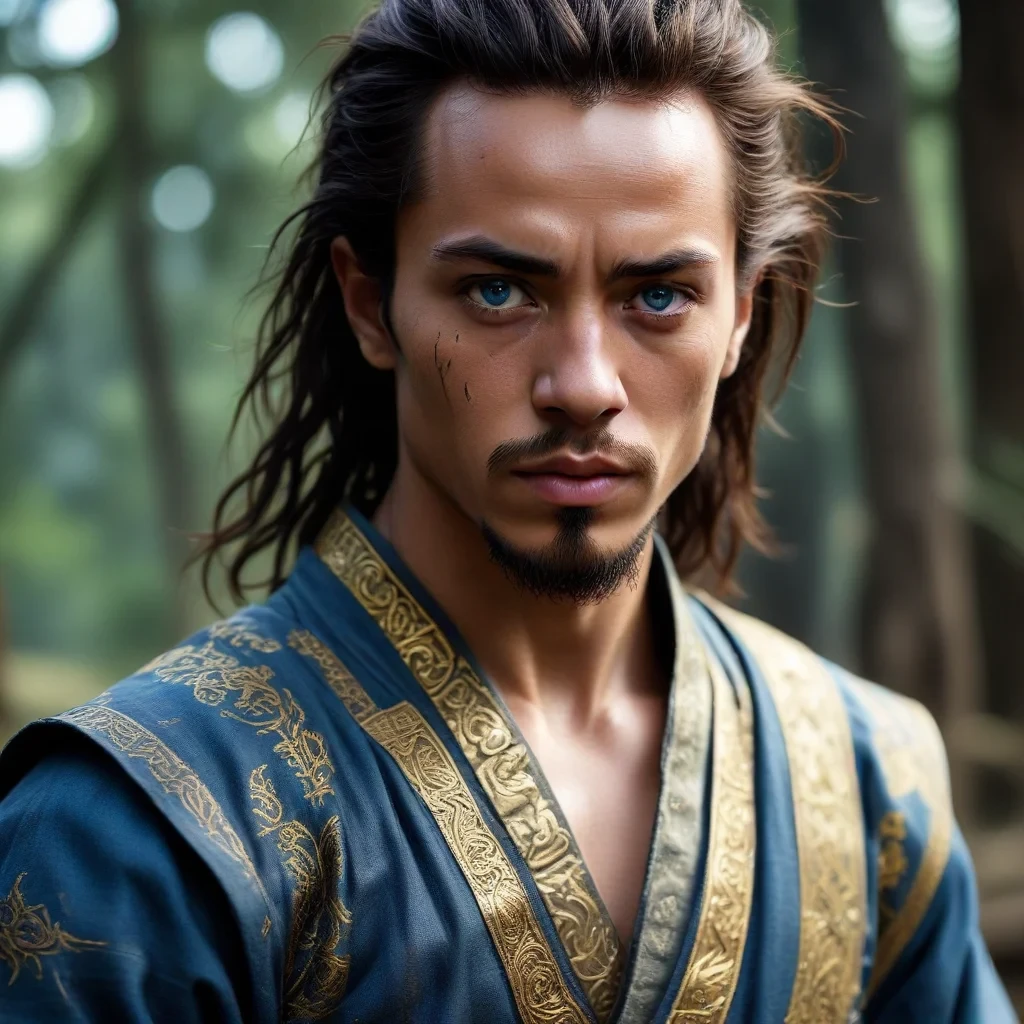 detail, photo, cinscene, dreamwalking selassie sounds like an intriguing and visually striking character—a blend of power, humor, and rebellion. his unique backstory as a wannabe assassin who manages to look intimidating while also maintaining a humorous side gives him a relatable and compelling dynamic. kung fu expertise: his martial arts prowess adds depth to his abilities, suggesting that his fighting style is not only brutal but also highly disciplined and strategic. as he can move like ninja. he wheres a dwarf crafted armor made by dwarves with gold emblem bowa on it adds a mystical and almost mythical element to his character, with craftsmanship that speaks to his status and strength. the bowa logo ties him to his rebellious side and hints at a deeper connection with his kung fu roots. his brown hair and piercing blue eyes, combined with his battle scarred skin, create an iconic look that both frightens and fascinates. this adds an air of mystery and wisdom to his persona, a