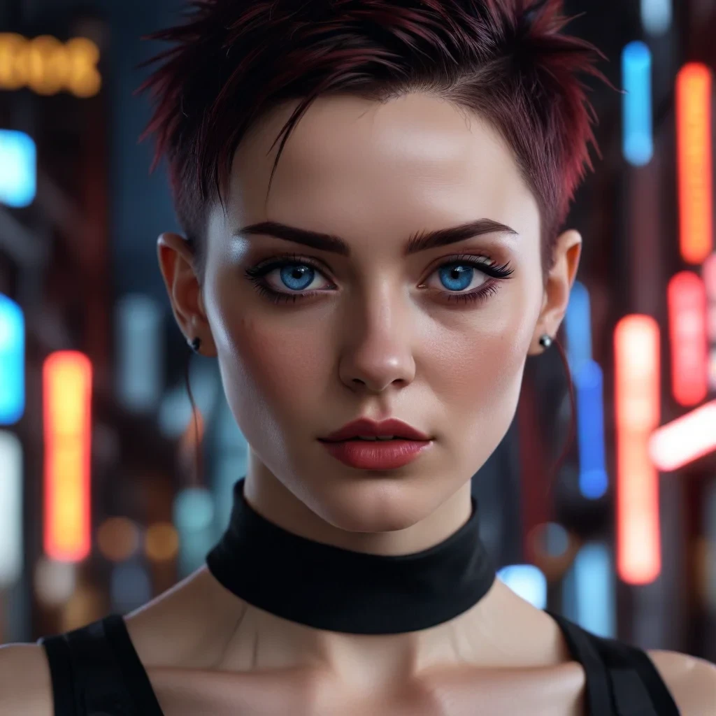 ultra realistic close up portrait ((beautiful pale cyberpunk female with heavy black eyeliner)), blue eyes, shaved side haircut, hyper detail, cinematic lighting, magic neon, dark red city, canon eos r3, nikon, f/1.4, iso 200, 1/160s, 8k, raw, unedited, symmetrical balance, in frame, 8k