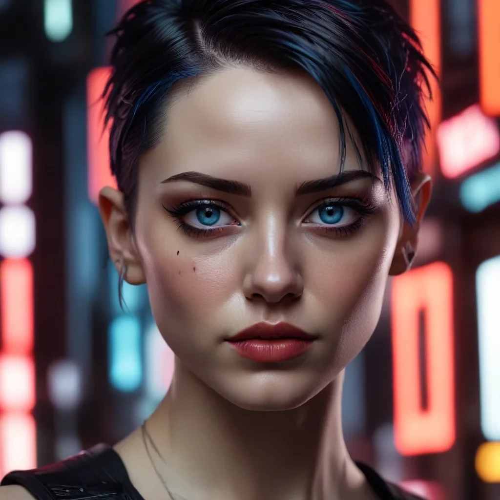 ultra realistic close up portrait ((beautiful pale cyberpunk female with heavy black eyeliner)), blue eyes, shaved side haircut, hyper detail, cinematic lighting, magic neon, dark red city, canon eos r3, nikon, f/1.4, iso 200, 1/160s, 8k, raw, unedited, symmetrical balance, in frame, 8k