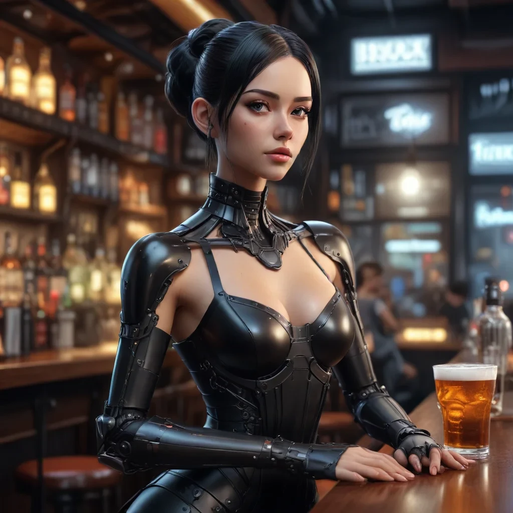 digital art, anime, slutty cybernetic android woman in a bar in a black dress, pixar style hyperrealistic, full body, detailed clothing, highly detailed, cinematic lighting, stunningly beautiful, intricate, sharp focus, f/1. 8, 85mm, (centered image composition), (professionally color graded), ((bright soft diffused light)), volumetric fog, trending on instagram, trending on tumblr, HDR 4K, 8K