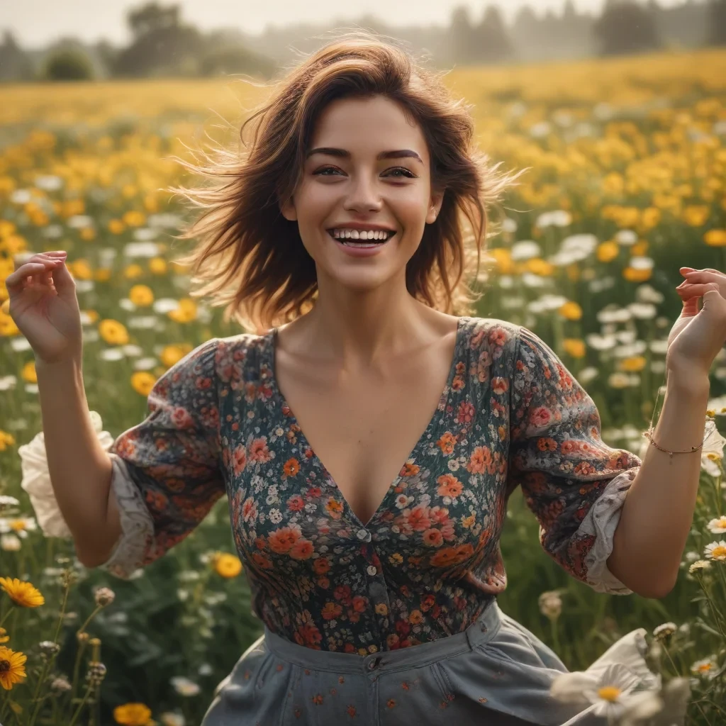a woman dancing in a field of flowers with the image framed closely around her happy face and very expressive eyes hyperrealistic, full body, detailed clothing, highly detailed, cinematic lighting, stunningly beautiful, intricate, sharp focus, f/1. 8, 85mm, (centered image composition), (professionally color graded), ((bright soft diffused light)), volumetric fog, trending on instagram, trending on tumblr, HDR 4K, 8K