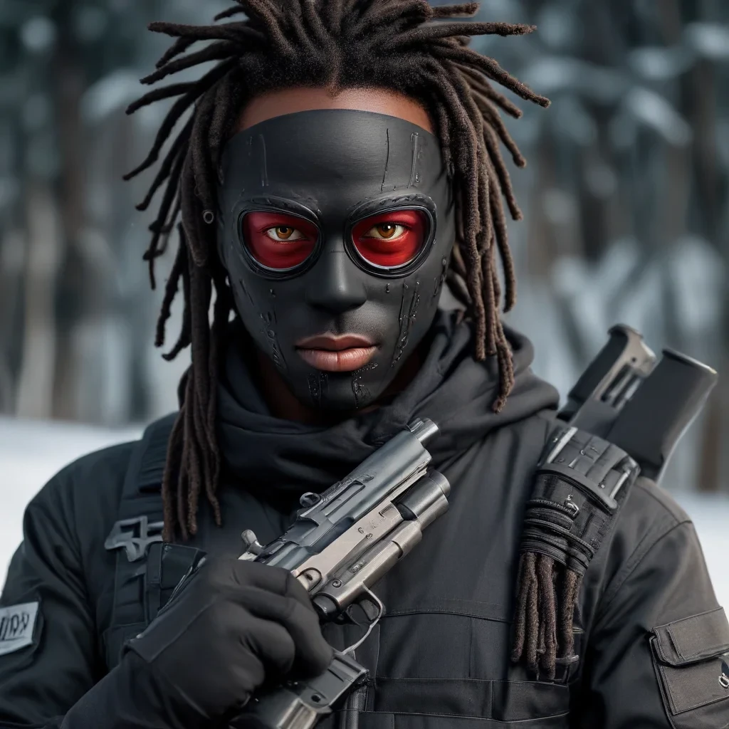 red eyes black guy wearing a ski mask with a gun and with dreads