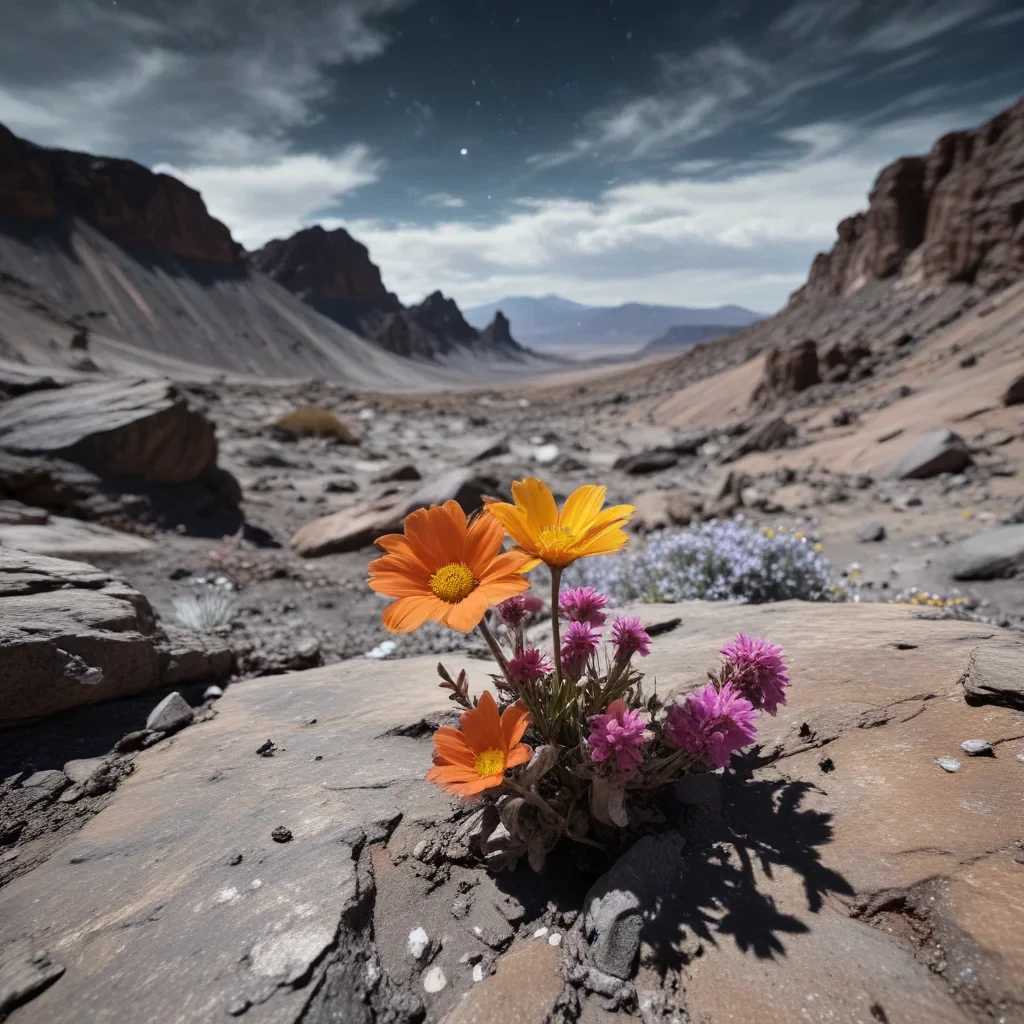 (masterpiece:1.2), (photo of a lone futursitic entity, their spacesuit reflecting the nebulae and distant galaxies, on the edge of a crater on a desolate moon, a lone flower, a vibrant splash of color against the grey landscape grows from a crack in the rock:1.1), (art by karel thole:1.4), (close up shot:1.1), (hyperdetailed:1.1), (intricate details:1.0), (refined details:1.1), (best quality:1.1), (high resolution:1.2)