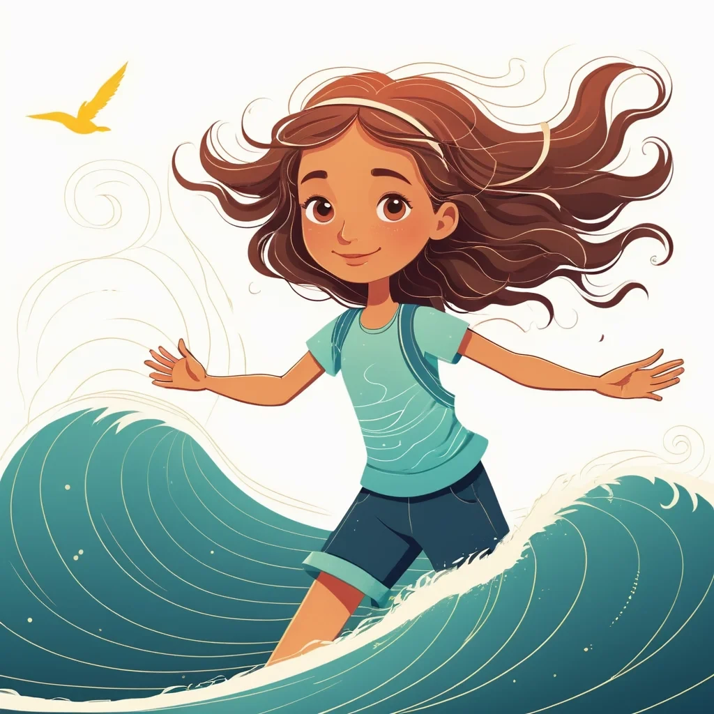 border girl shine energy and simple illustration waves. little winde flow around clotches