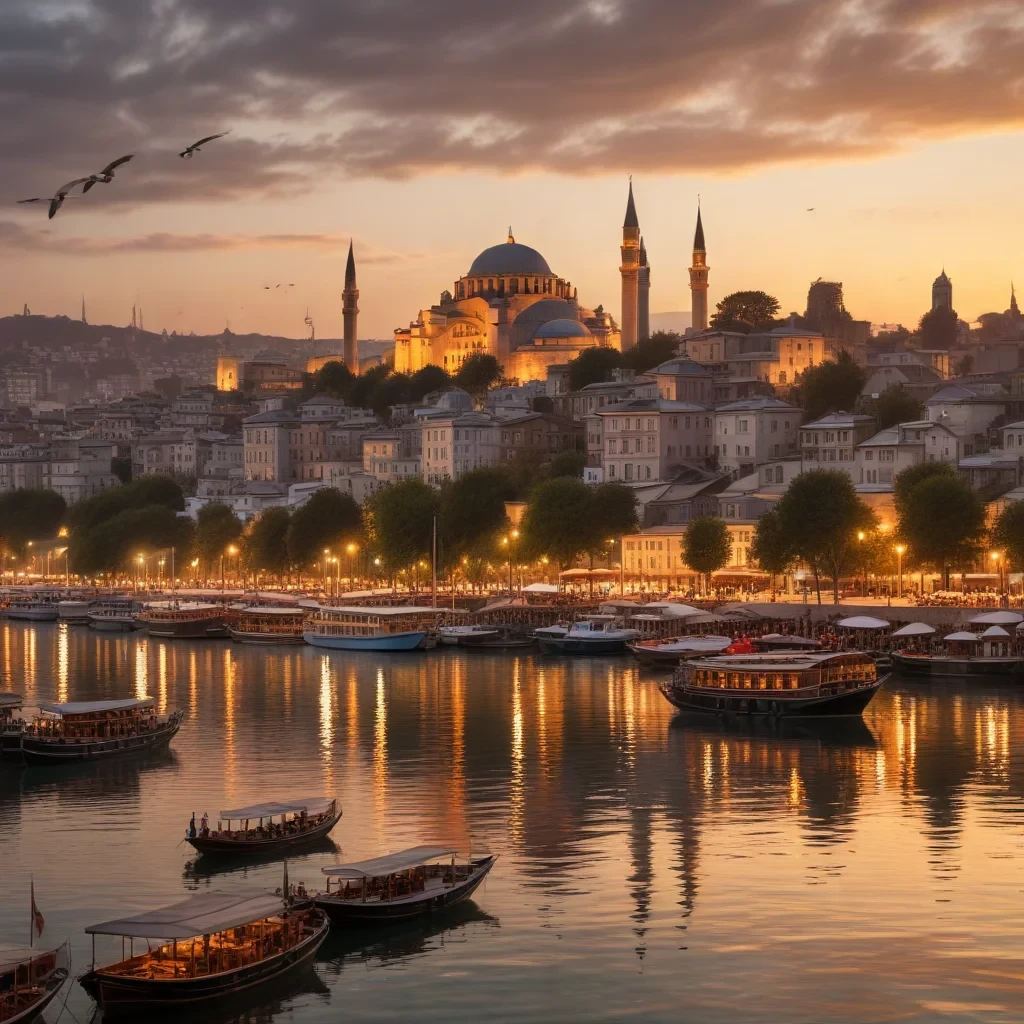 "An enchanting scene of Istanbul during the golden hour, where the sun sets behind the majestic Hagia Sophia, casting warm, golden light over the historic skyline. In the foreground, the Bosphorus shimmers with reflections of the setting sun, and traditional wooden boats gently glide across the water. The towering Galata Tower stands proudly on the horizon, surrounded by narrow, cobbled streets and bustling markets filled with vibrant colors and the scent of freshly brewed Turkish coffee. The city is alive with a blend of ancient and modern architecture, and seagulls soar overhead, adding to the atmosphere of this timeless, cultural crossroads.