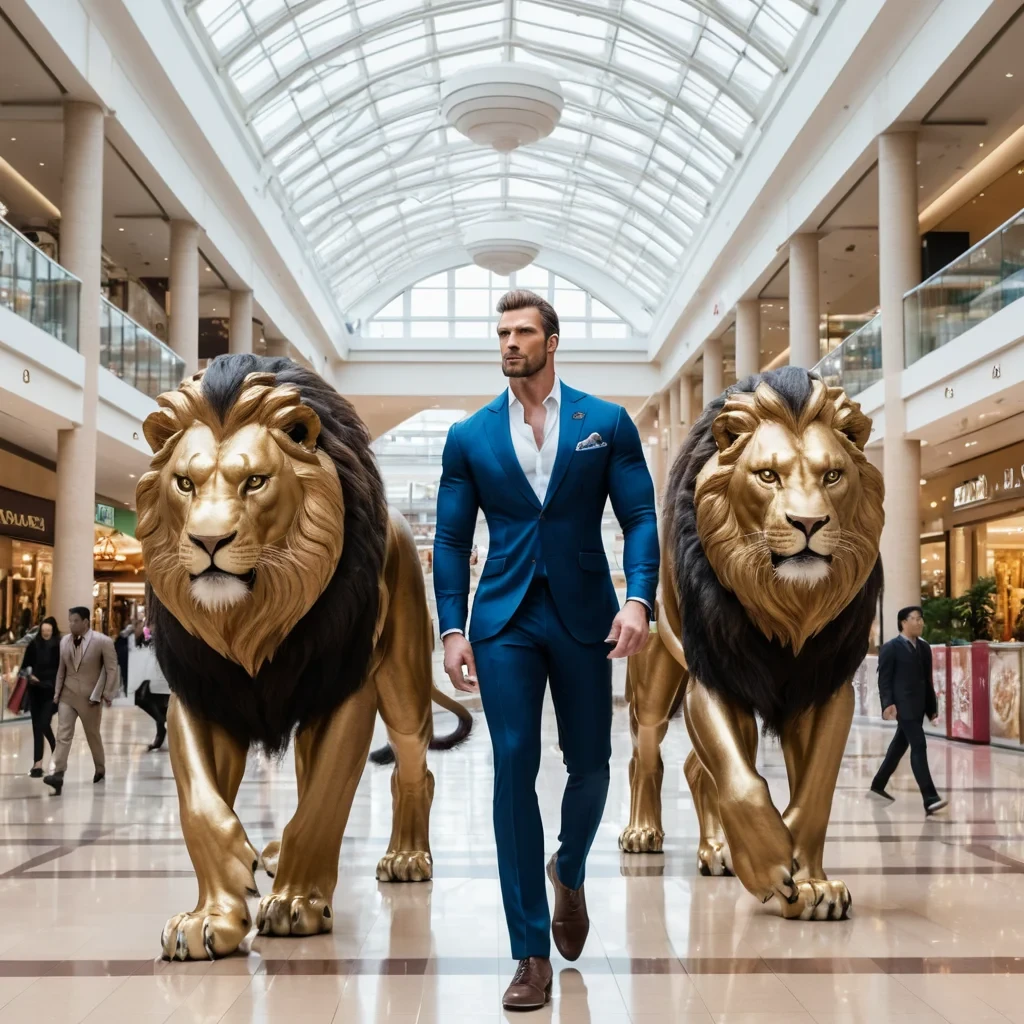Create image of a tall, muscular man walking in a shopping mall alongside two giant lions. The man is wearing an elegant suit and walking confidently toward the camera, with a modern, bustling mall environment in the background. The dragons are majestic, detailed with shimmering scales, and moving gracefully beside the man.