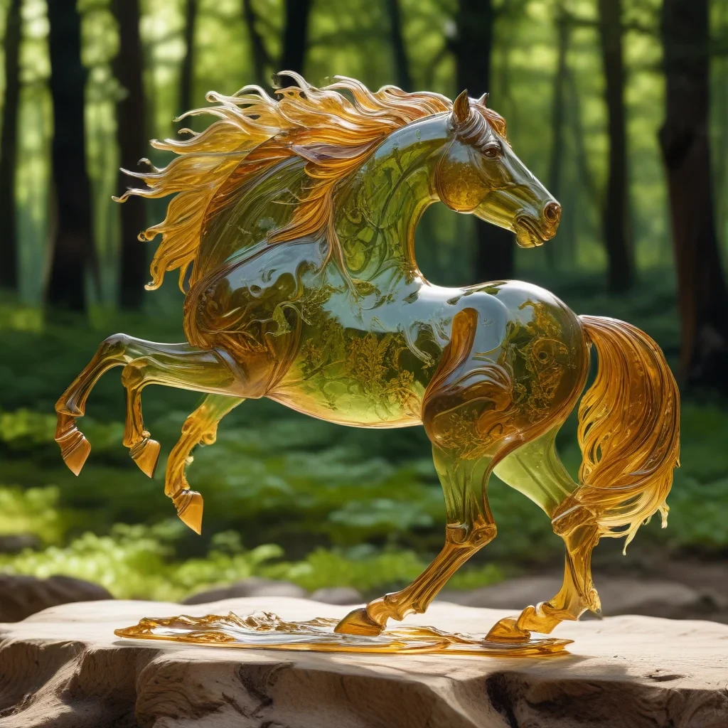 transparent horse carved of amber with a flowing mane running through a mystic green forest