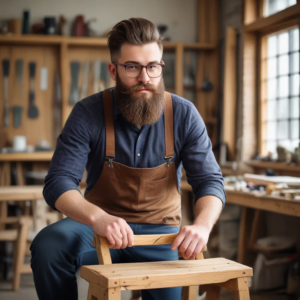 hipster man with a beard, building a chair, in a wood shop