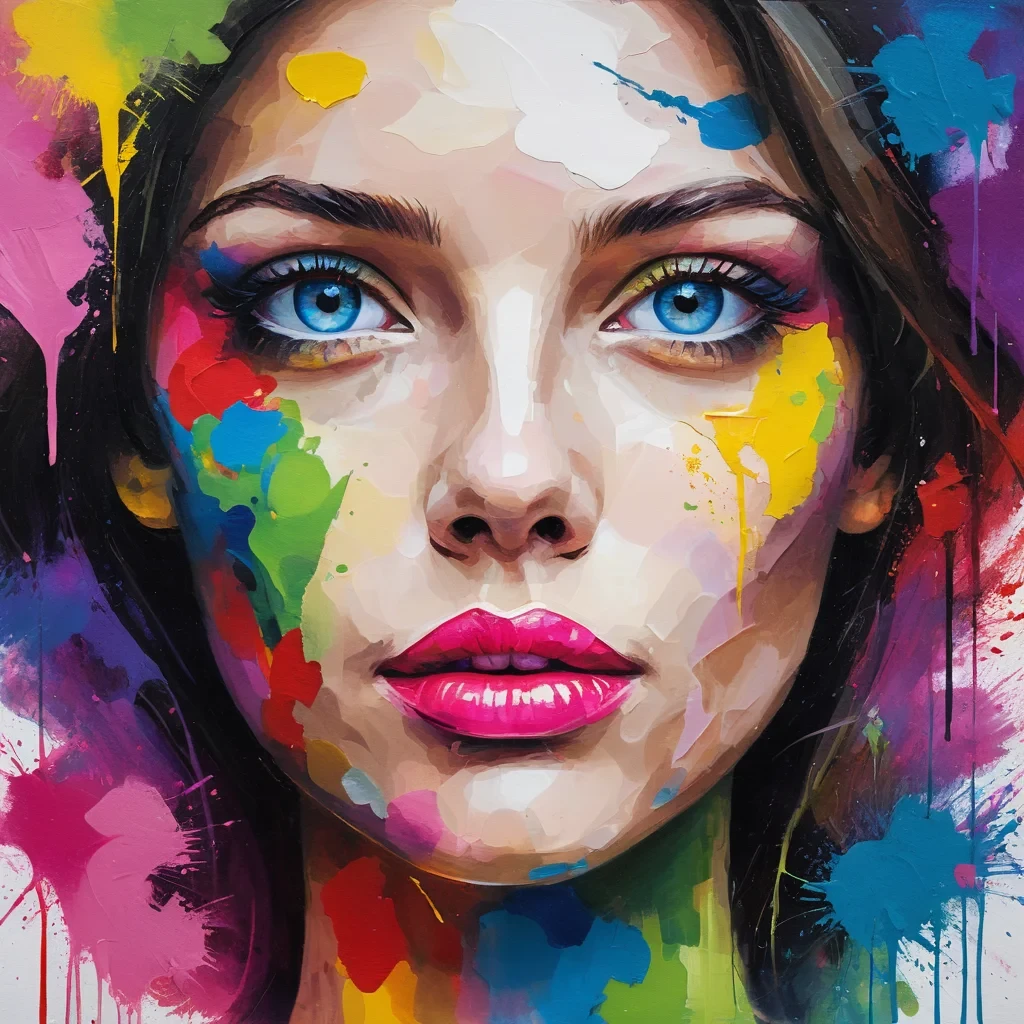 create a painting featuring a face with abstract and expressionist influences. use a palette of bright, vivid colors including pink, purple, green, and yellow, incorporating dynamic splatter effects and overlapping brush strokes. the subject should possess striking features like bright blue eyes and full red lips, presenting an ethereal and slightly surreal appearance. the background should seamlessly blend warm and cool tones, contributing to a lively and textured backdrop.