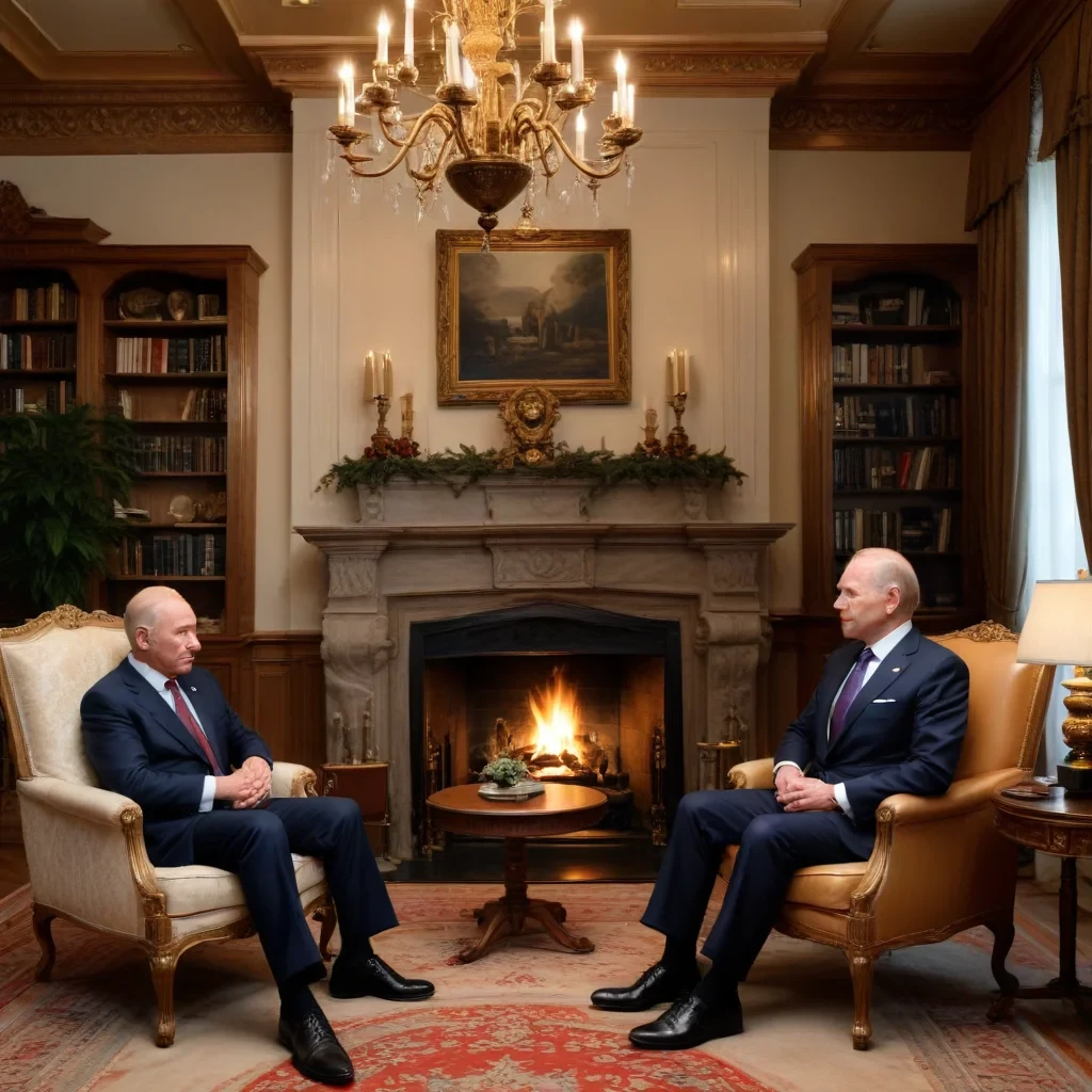 On a cold, crisp evening in a luxurious, high-security retreat somewhere in the Swiss Alps, Joe Biden and Vladimir Putin sit across from each other by a roaring fireplace. The room is rich with the scent of cedar and leather, dimly lit by a warm, golden glow from antique lamps. The tension between them is palpable, but there's a softness in their eyes that betrays the unspoken bond they've developed behind closed doors. Biden, dressed in a tailored navy suit, leans forward slightly, his hand gently brushing Putin's on the armrest. Putin, typically guarded and stern, momentarily lets his facade drop, his deep gaze locking with Biden’s. The snow outside gently falls, muffling the sounds of the outside world, as the two men, powerful yet vulnerable in this private moment, silently acknowledge the complexities of their relationship. The weight of global politics fades away, replaced by an intense, undeniable connection.