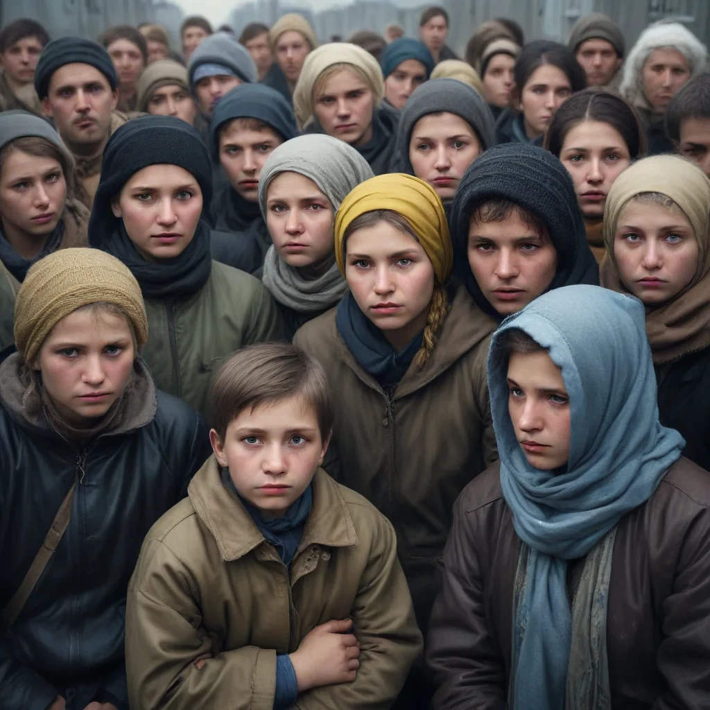 prompt: create a hyper realistic image capturing the theme of ukrainian refugees' future plans and the challenges of integration they face in european host countries. the scene should depict a diverse group of refugees, each expressing a range of emotions from longing for security to uncertainty about their future. show a mixture of individuals contemplating staying or returning, with subtle cues of their inner struggles and hopes. incorporate symbols of security and stability, such as shelter,