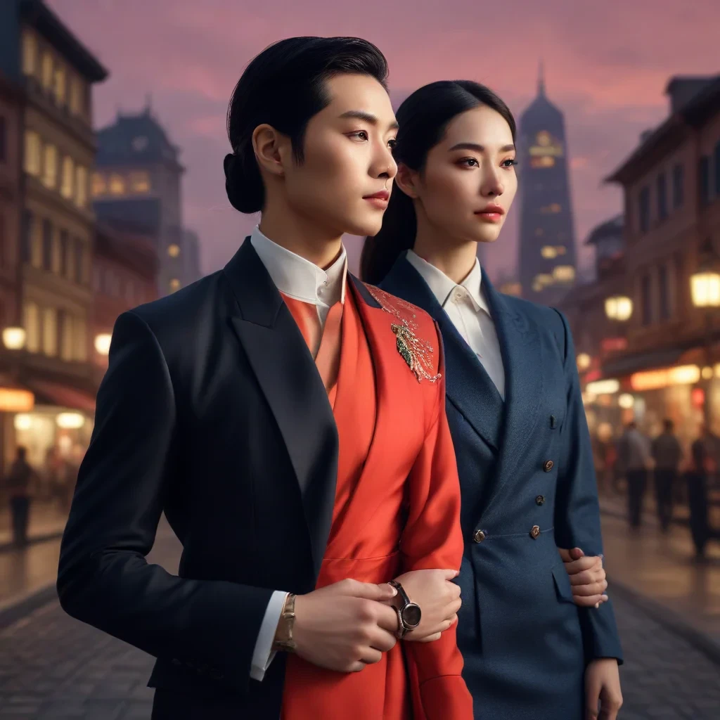 a photorealistic, highly detailed image of a chinese man and woman, both in their late 20s or early 30s, wearing stylish attire, standing side by side against a backdrop of a vibrant cityscape at sunset. the man is wearing a dark suit and a trifoglio italia watch on his wrist, while the woman is wearing a chic dress and a trifoglio italia watch on her wrist. the image should convey a sense of sophistication, elegance, and modern style, with a focus on the watches as key accessories. the lighting should be cinematic and warm, highlighting the details of the watches and the couple's attire. the mood should be celebratory and engaging, capturing the essence of the brand's values. the image should be appropriate for an instagram story, with a dynamic composition that captures the attention of the viewer hyperrealistic, full body, detailed clothing, highly detailed, cinematic lighting, stunningly beautiful, intricate, sharp focus, f/1. 8, 85mm, (centered image composition), (professionally color graded), ((bright soft diffused light)), volumetric fog, trending on instagram, trending on tumblr, HDR 4K, 8K